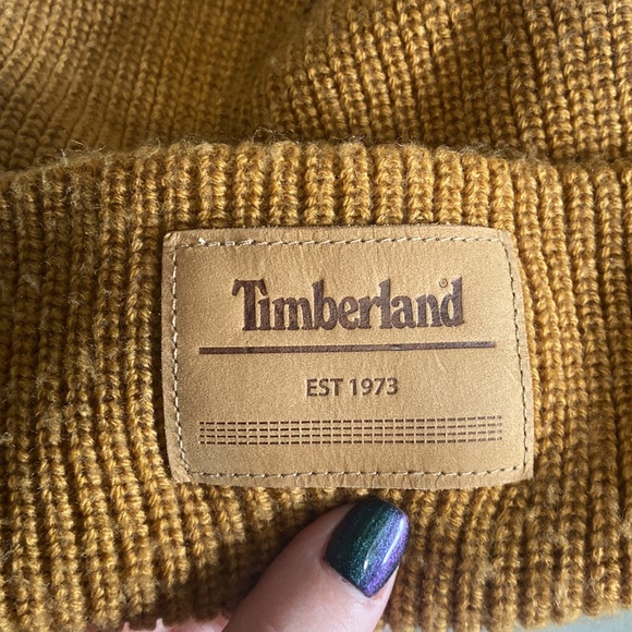 Timberland Tan Brown One Size Woven Knit Beanie Hat With Leather Patch Logo - Picture 3 of 7